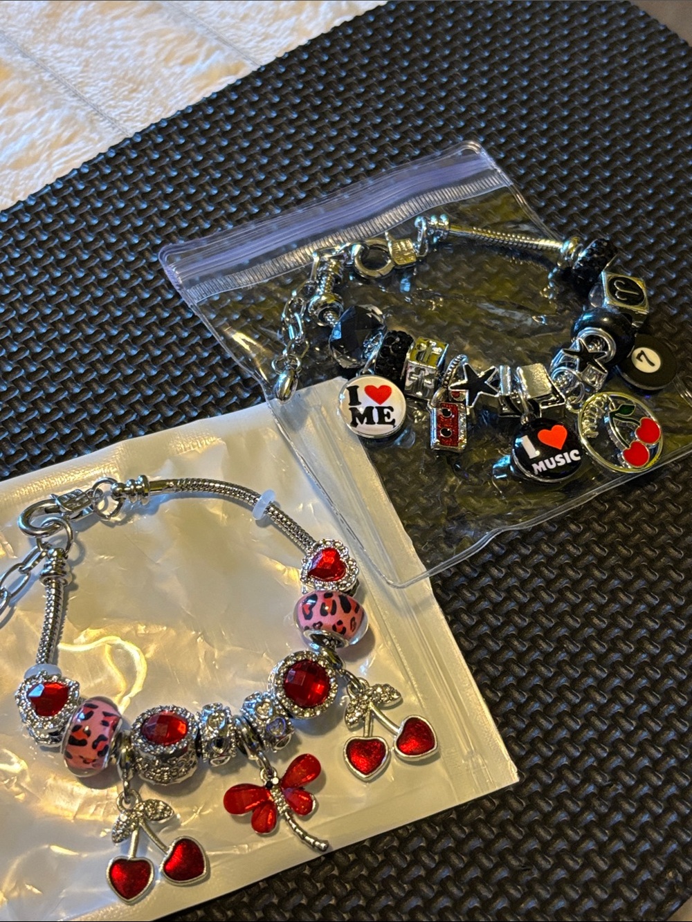 Silver Charm Bracelets with Red Heart & Cherry Charms